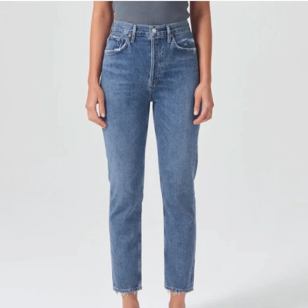 Agolde Riley High Rise Straight Leg Crop Slim Skinny Moore Blue Denim Jeans 25